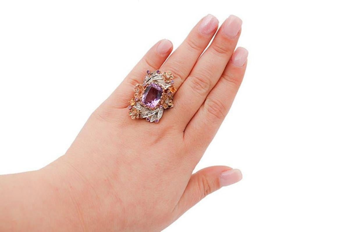 Mixed Cut Diamonds, Amethysts, Topaz, Tsavorites, 9Kt Rose Gold and Silver Ring For Sale