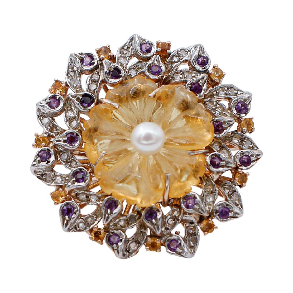 Diamonds, Amethysts,  Topazes, Hard Stone Flower, Pearl, Gold and Silver Ring.