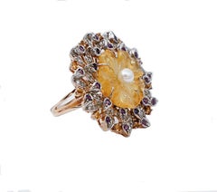 Diamonds, Amethysts,  Topazes, Hard Stone Flower, Pearl, Gold and Silver Ring.