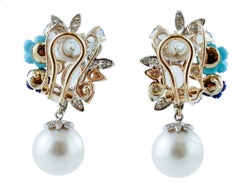 Diamonds, Aquamarine, Turquoise, Lapiz, Rose and White Gold Clip-on Earrings
