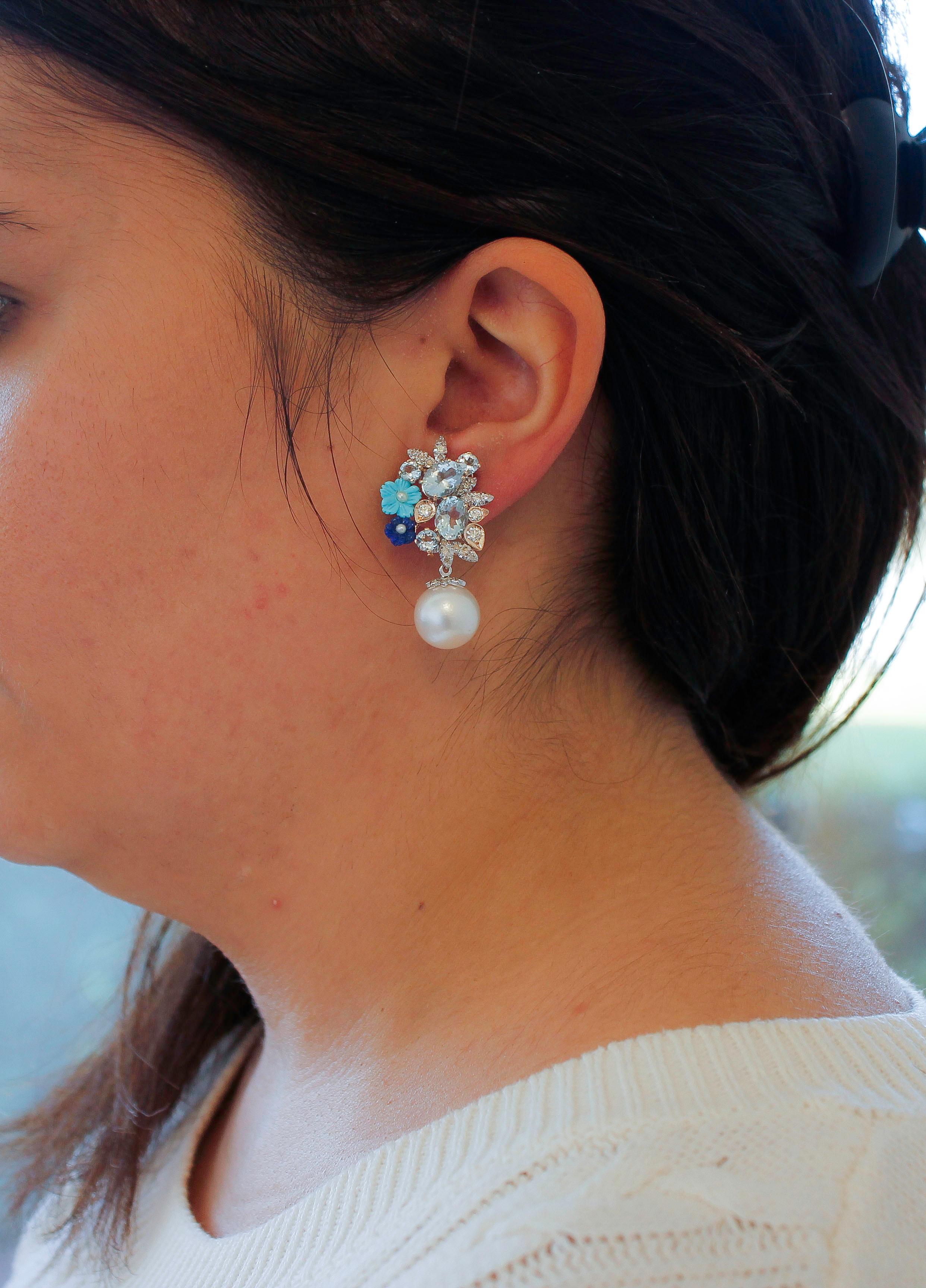 Mixed Cut Diamonds, Aquamarine, Turquoise, Lapiz, Rose and White Gold Clip-on Earrings For Sale