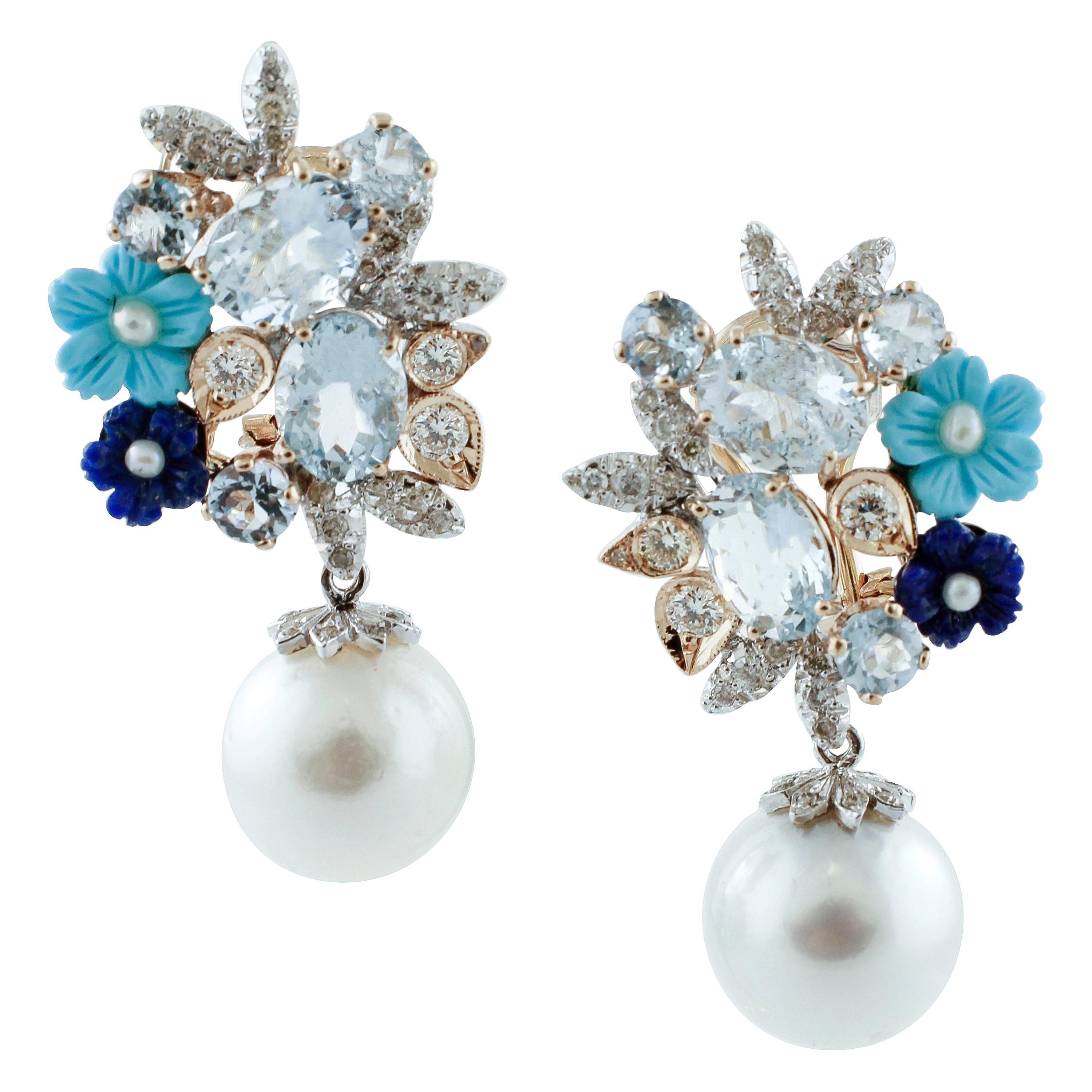 Diamonds, Aquamarine, Turquoise, Lapiz, Rose and White Gold Clip-on Earrings For Sale