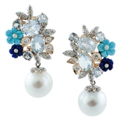 Diamonds, Aquamarine, Turquoise, Lapiz, Rose and White Gold Clip-on Earrings