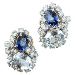 Vintage Diamonds, Blue Sapphire, Aquamarines, White and Rose Gold Clip-On Earrings