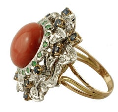 Diamonds, Blue Sapphires, Tsavorite, Coral 14 Karat White and Rose Gold Ring