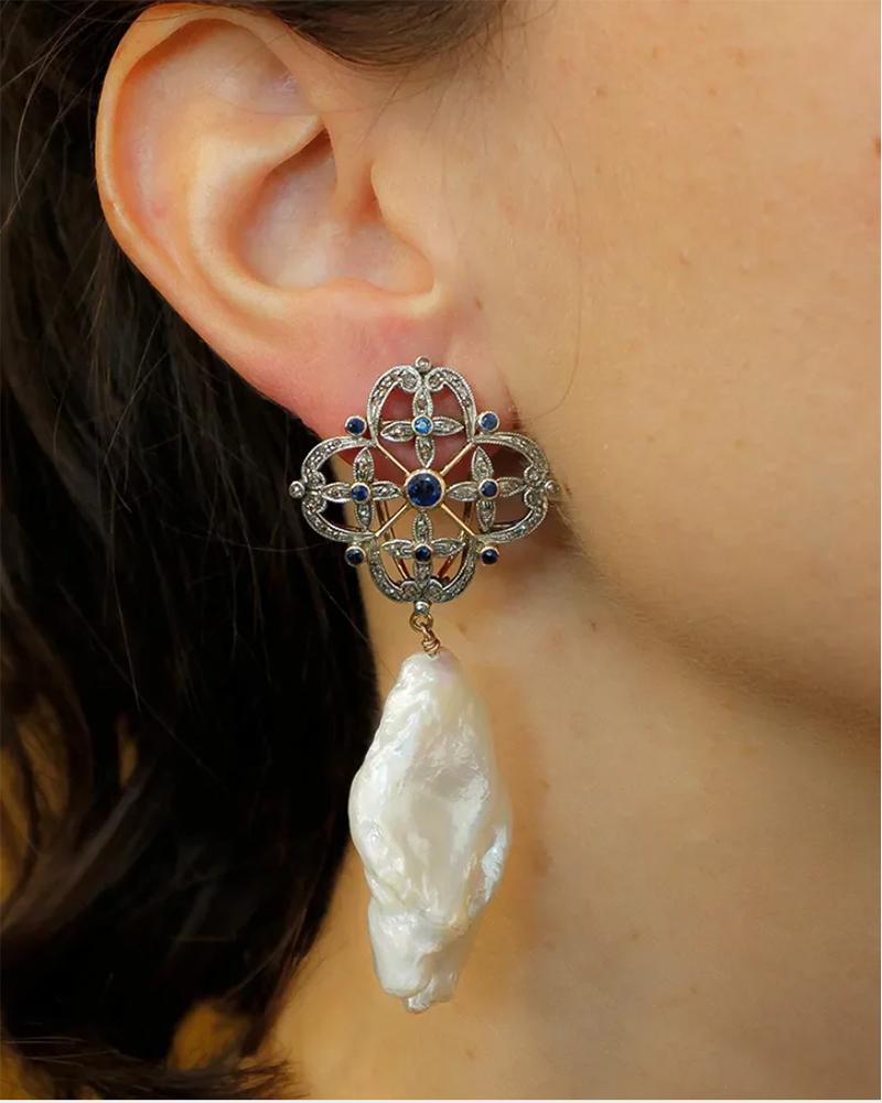 Women's Diamonds, Blue Sapphires Baroque Pearls 14 Karat Gold and Silver Dangle Earrings