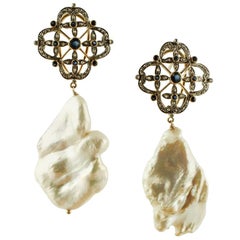 Diamonds, Blue Sapphires Baroque Pearls 14 Karat Gold and Silver Dangle Earrings