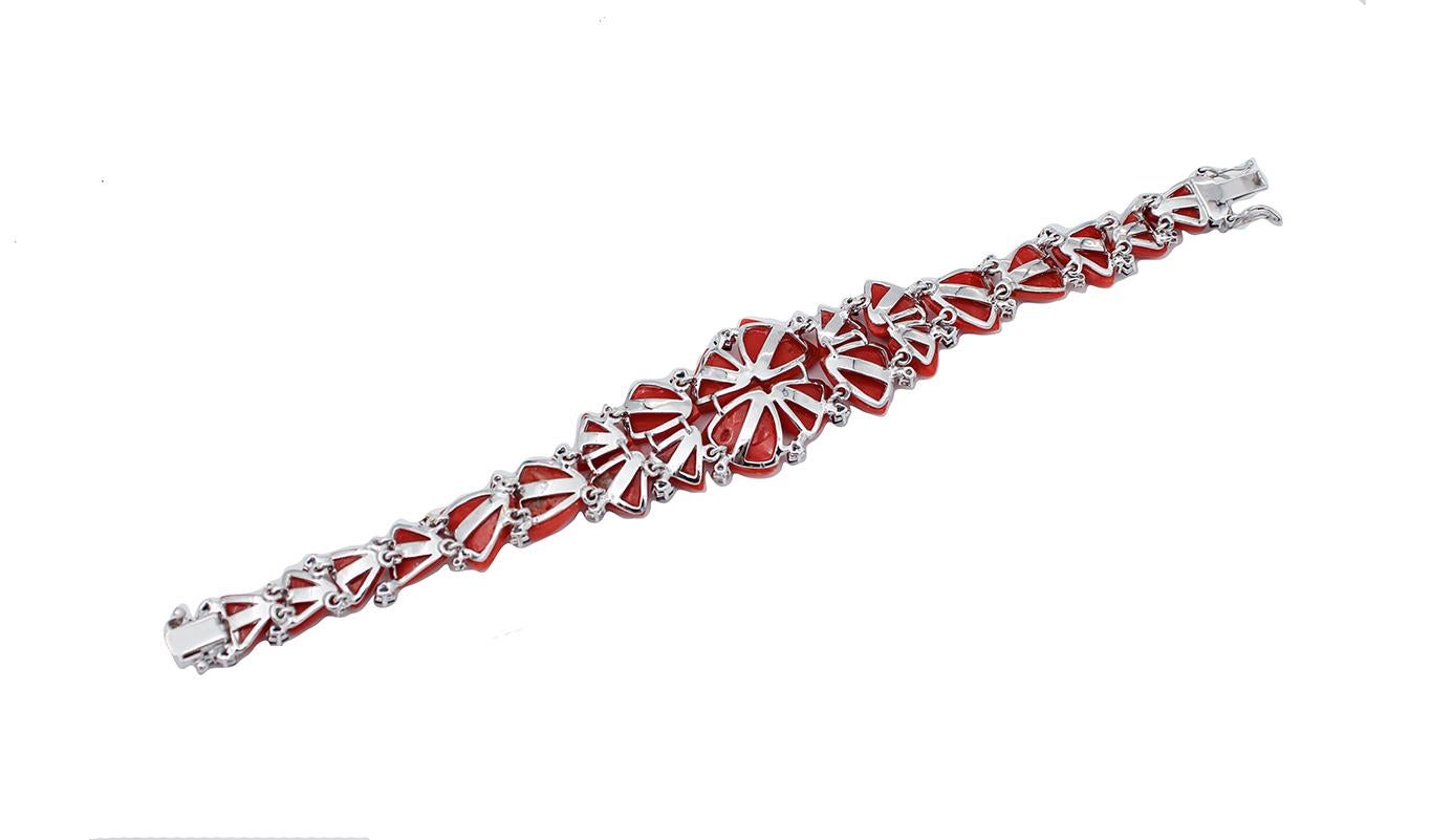 Retro Diamonds, Blue Sapphires, Coral, 14 Karat White Gold Bracelet For Sale