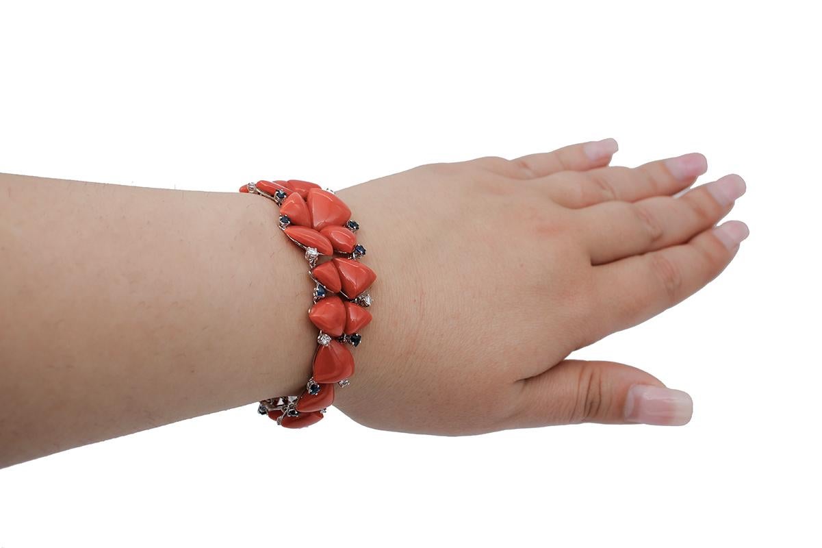 Mixed Cut Diamonds, Blue Sapphires, Coral, 14 Karat White Gold Bracelet For Sale