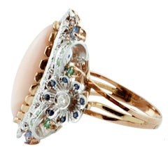 Diamonds Blue Sapphires Emeralds Tsavorite, Pink Coral, Rose and White Gold Ring