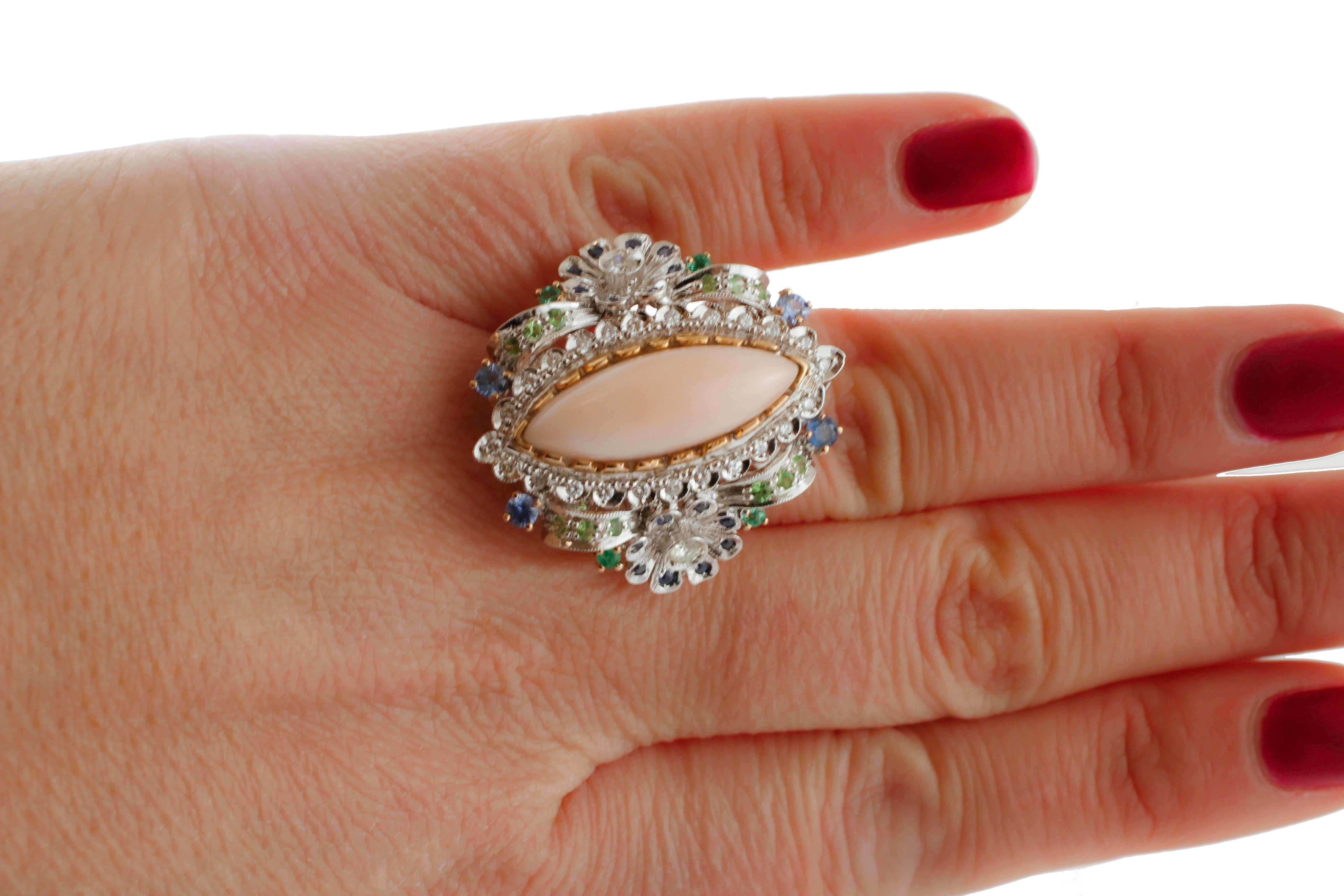 Retro Diamonds Blue Sapphires Emeralds Tsavorite, Pink Coral, Rose and White Gold Ring For Sale