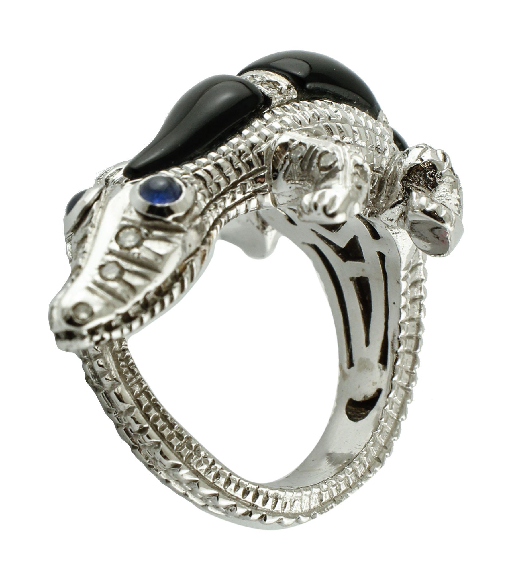 Diamanten, blaue Saphire, Onyx, Weißgold, Eidechse in Tierform Mode-Ring (Retro)