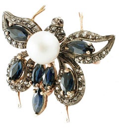 Schmetterlingsanhänger/Brosche mit Diamanten, blauen Saphiren, Perlen, 14k Gold und Silber