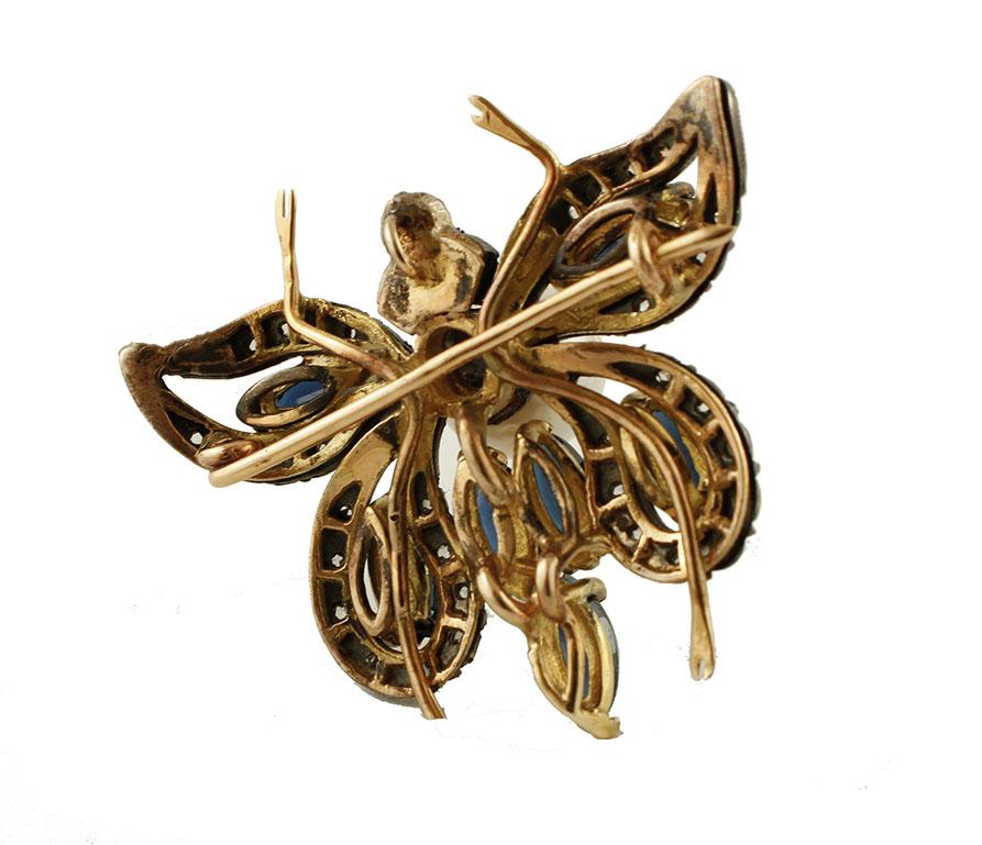 Round Cut Diamonds, Blue Sapphires, Pearl, 14k Gold and Silver Butterfly Pendant/Brooch For Sale