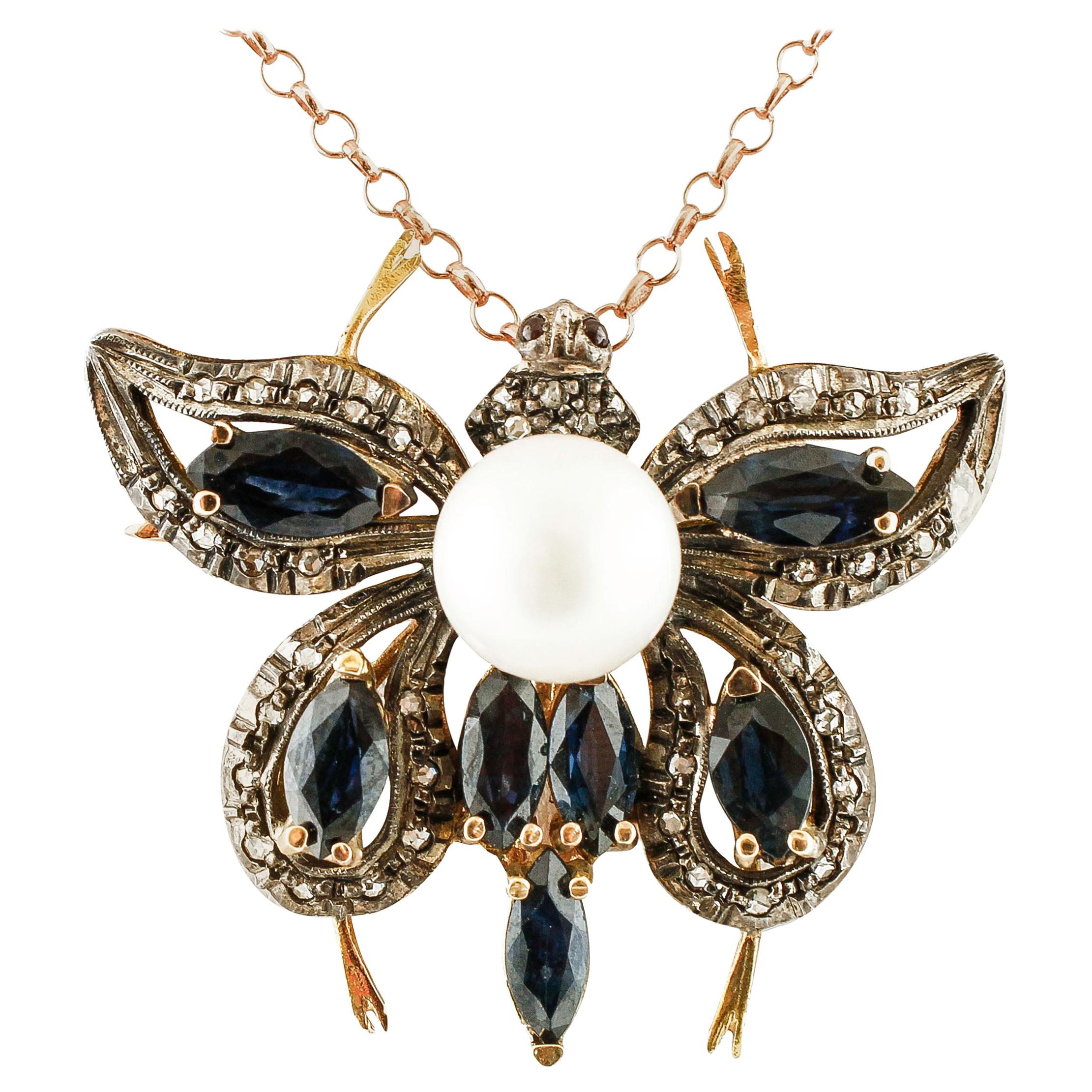 Colgante/Broche Mariposa Diamantes, Zafiros Azules, Perla, Oro 14k y Plata