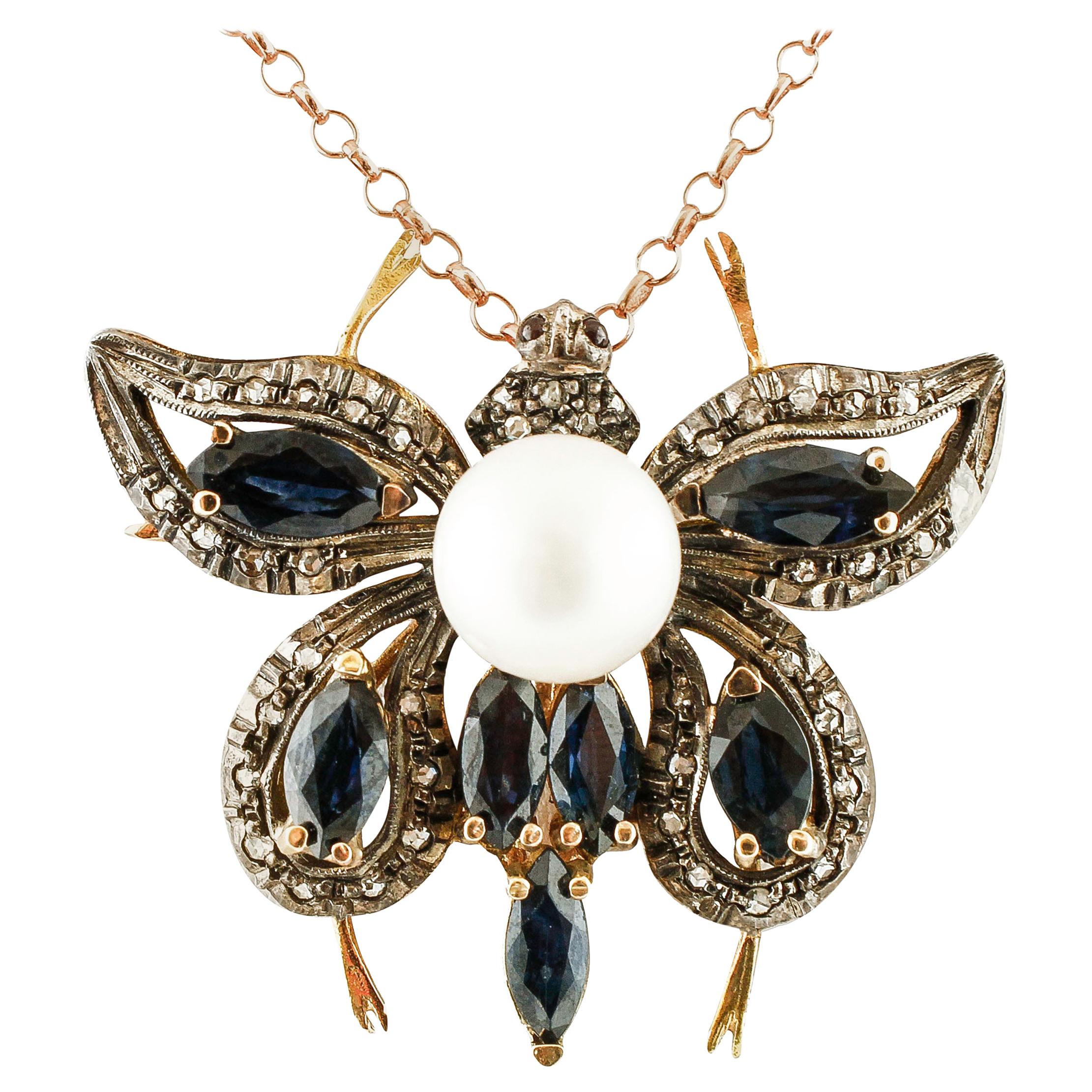 Pendentif/Broche papillon en or et argent 14 carats, diamants, saphirs bleus, perles