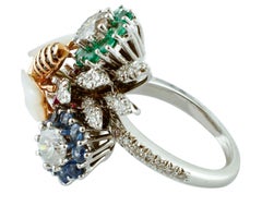 Diamonds Blue Sapphires Rubies Emeralds, White Stones, 18K Gold Cocktail Ring