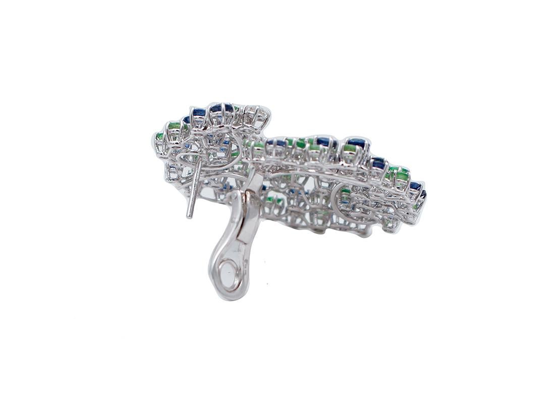Retro G/H  VVS Diamonds, Blue Sapphires, Tsavorites, 18 Karat White Gold Earrings For Sale