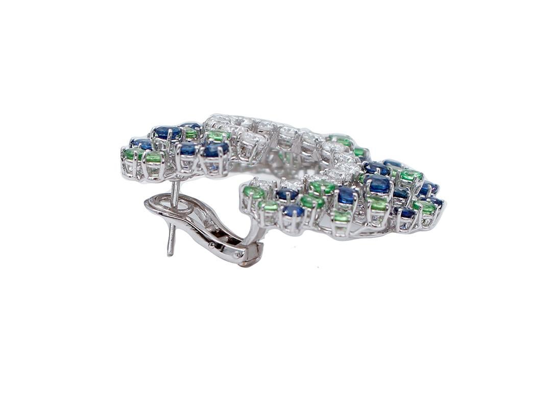 Mixed Cut G/H  VVS Diamonds, Blue Sapphires, Tsavorites, 18 Karat White Gold Earrings For Sale