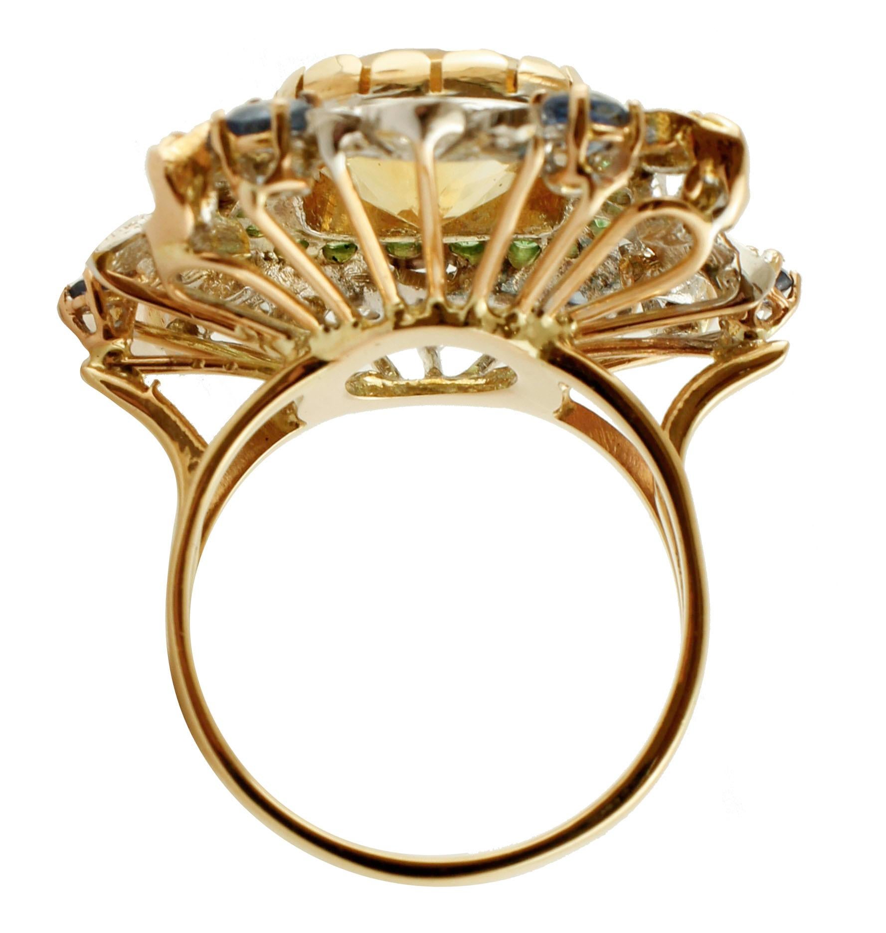 Brilliant Cut Diamonds, Blue Sapphires, Tsavorites Topaz 14K Rose and White Gold Cocktail Ring For Sale