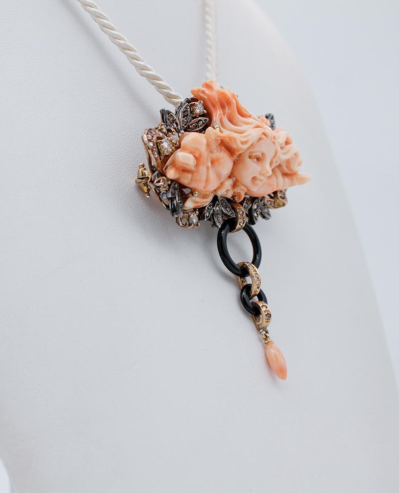 Retro Diamonds, Coral, Onyx, 14Kt Rose Gold and Silver Brooch/Pendant Necklace