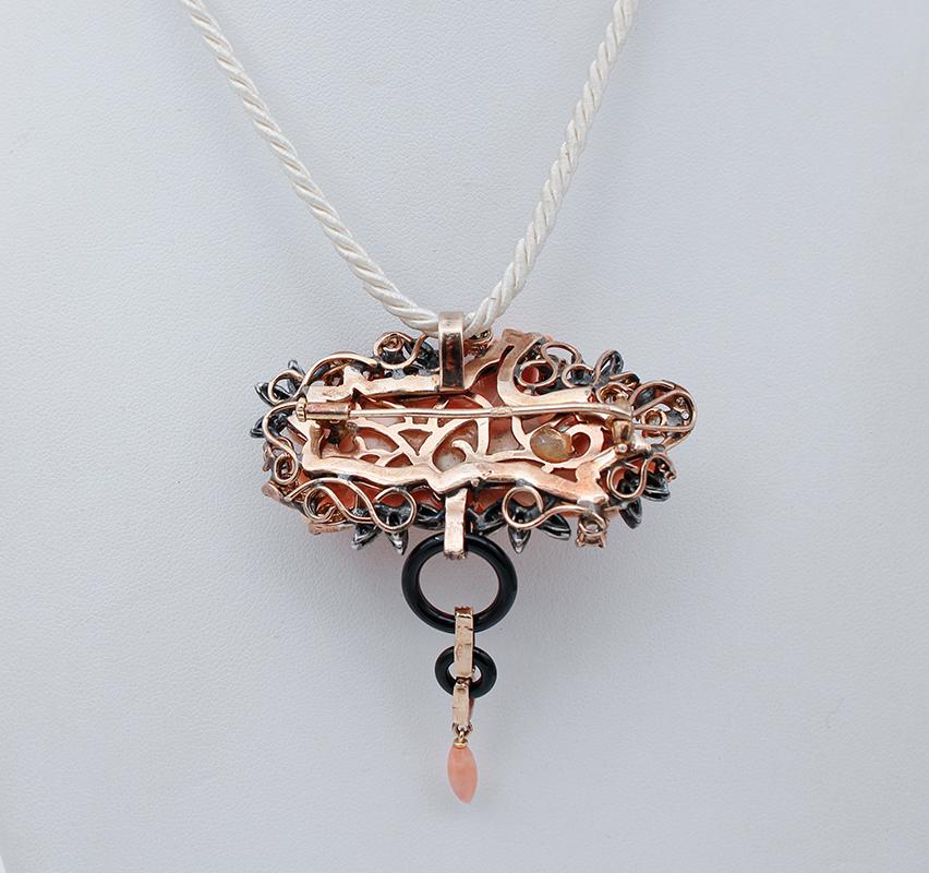 Mixed Cut Diamonds, Coral, Onyx, 14Kt Rose Gold and Silver Brooch/Pendant Necklace