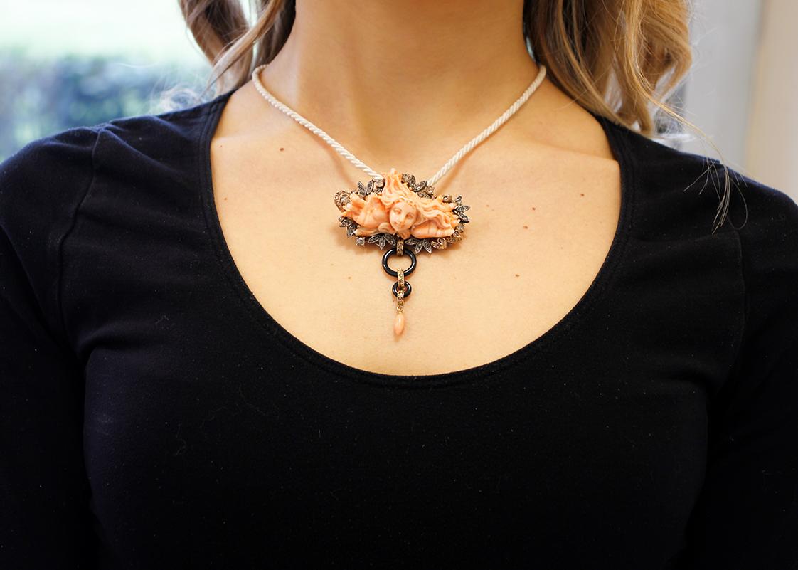 Diamonds, Coral, Onyx, 14Kt Rose Gold and Silver Brooch/Pendant Necklace In Good Condition In Marcianise, Marcianise (CE)