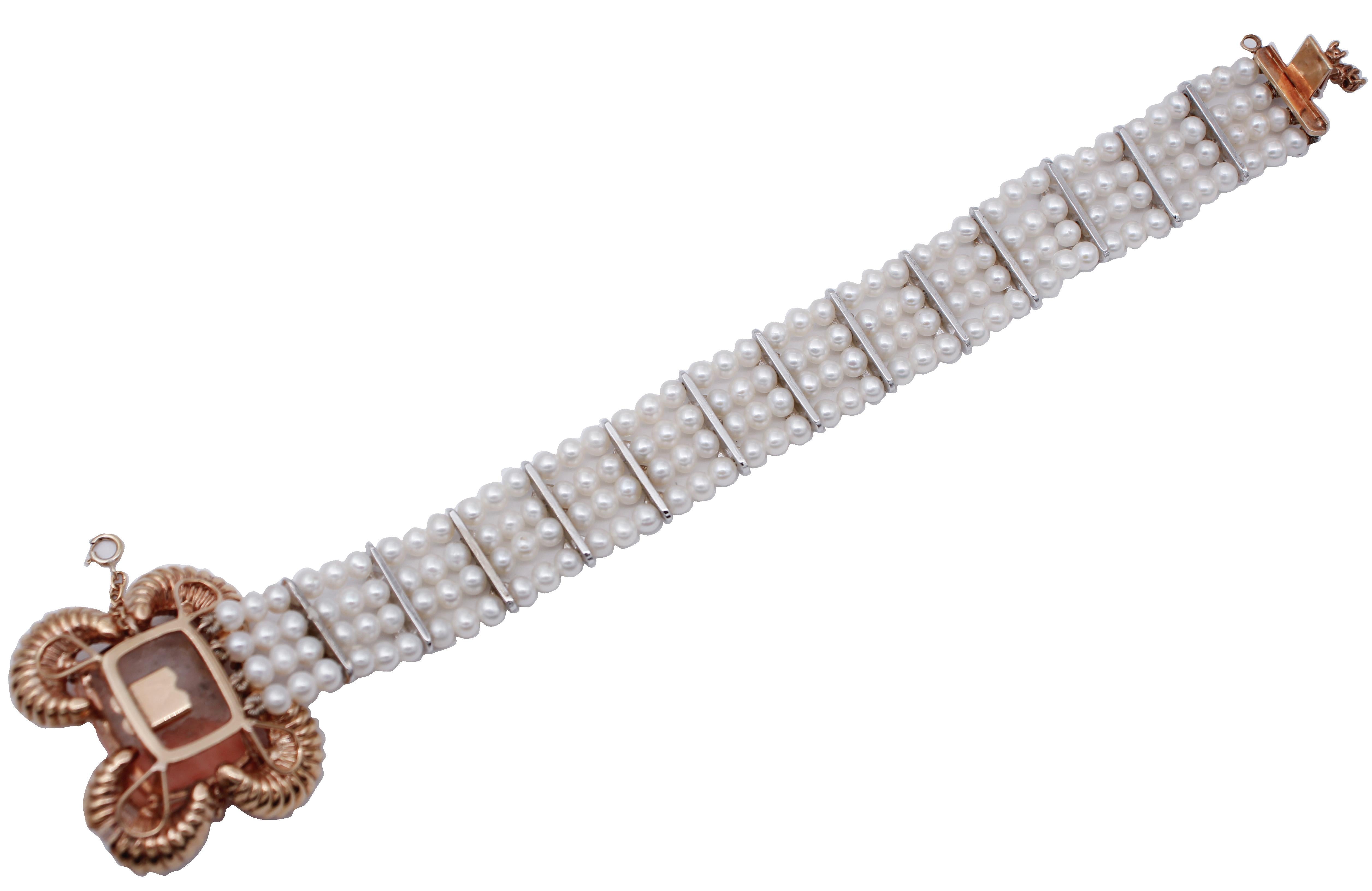 Retro Diamonds, Coral, Pearls, 14 Karat White and Rose Gold Beaded Bracelet