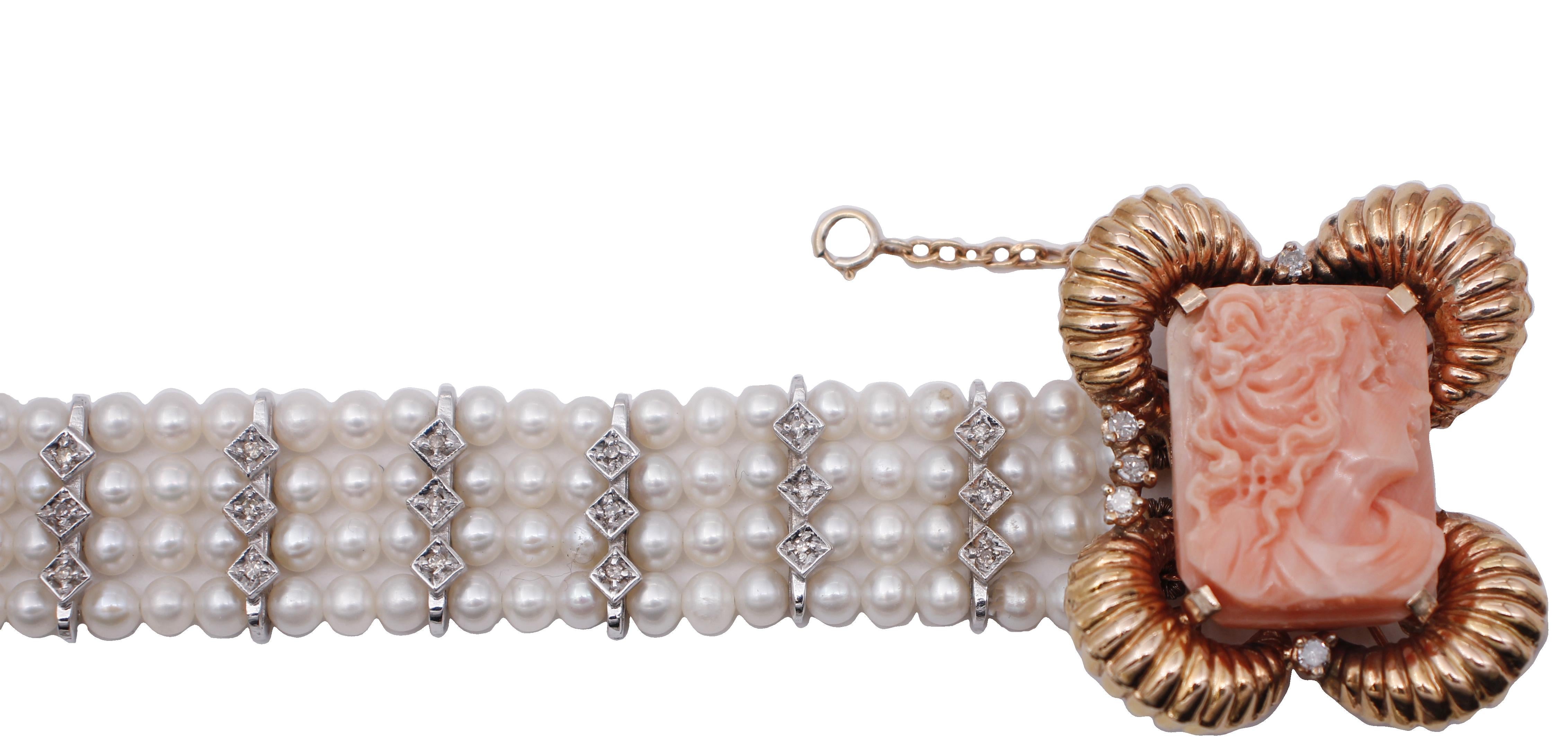 Mixed Cut Diamonds, Coral, Pearls, 14 Karat White and Rose Gold Beaded Bracelet