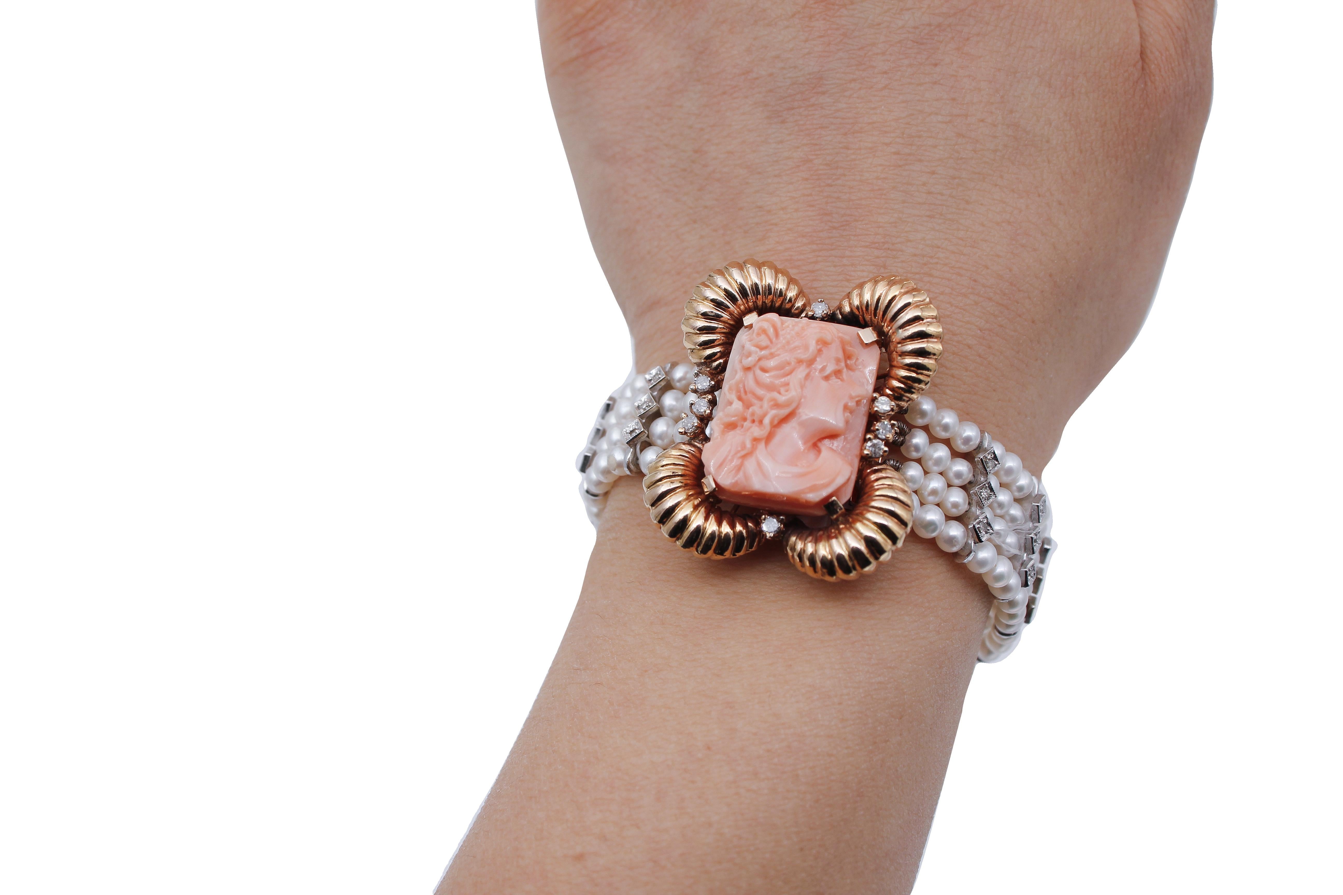 Women's Diamonds, Coral, Pearls, 14 Karat White and Rose Gold Beaded Bracelet