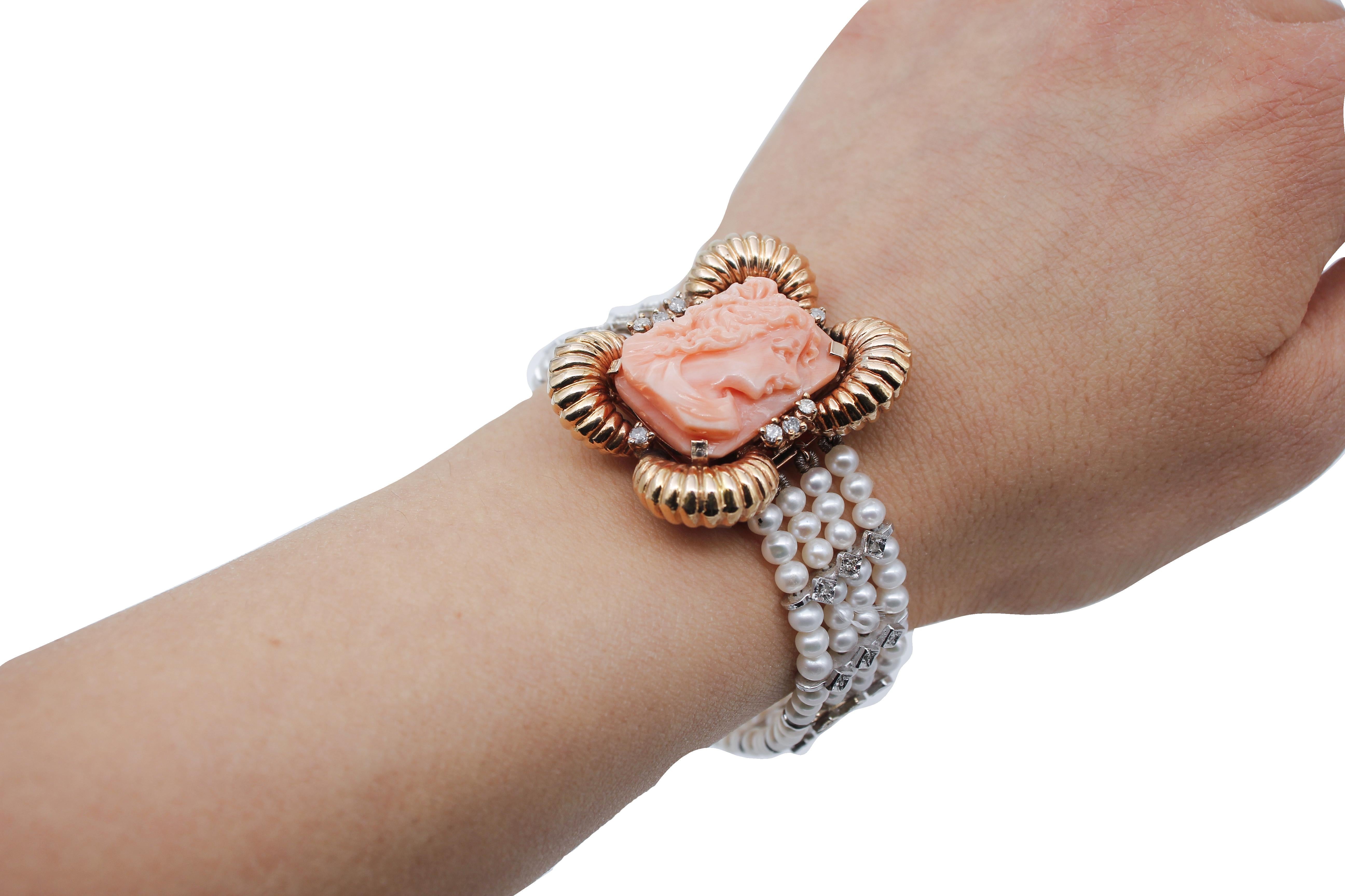 Diamonds, Coral, Pearls, 14 Karat White and Rose Gold Beaded Bracelet 1