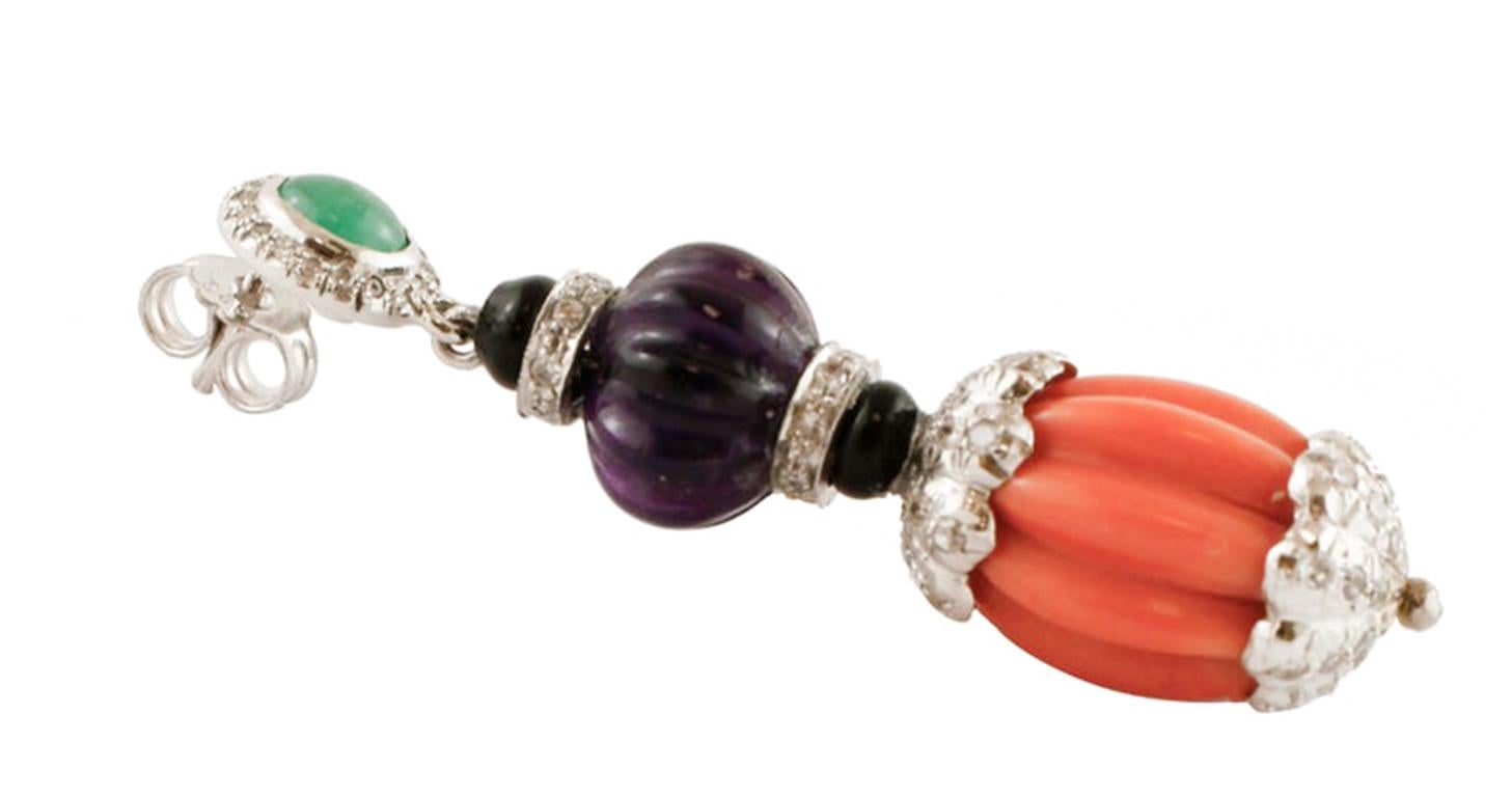 Retro Diamonds, Emeralds, Amethysts, Onyx, Coral, 14 Karat White Gold Dangle Earrings