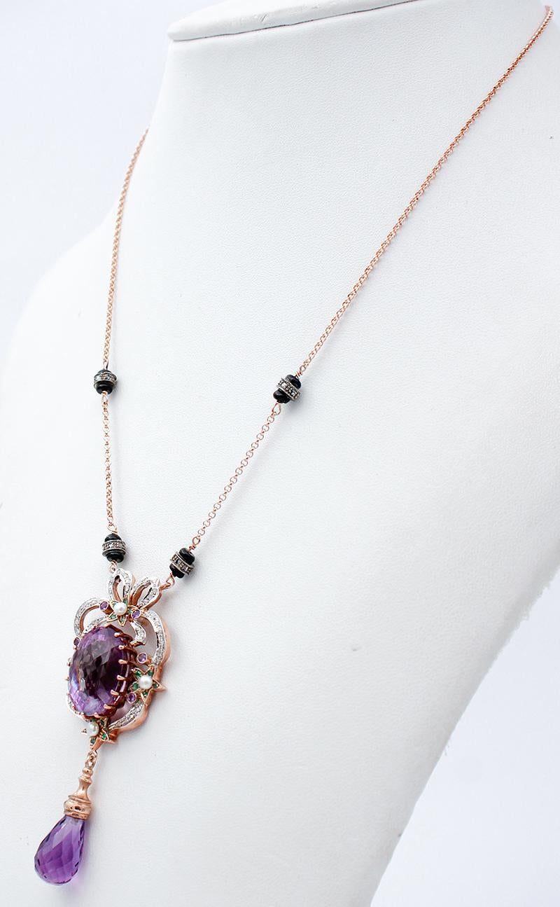 Retro Diamonds, Emeralds, Amethysts, Onyx, Pearls, 9Karat Rose Gold and Silver Necklace