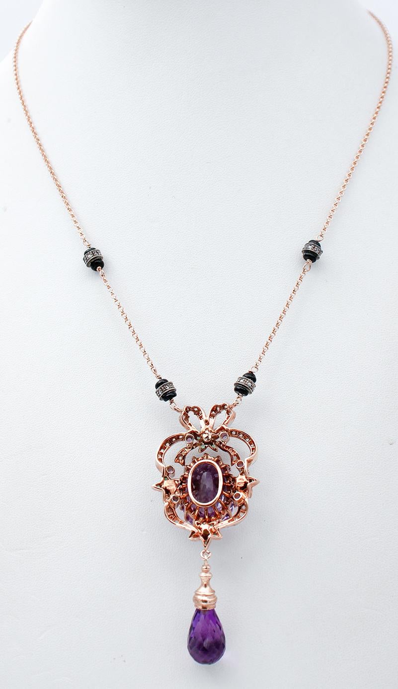 Mixed Cut Diamonds, Emeralds, Amethysts, Onyx, Pearls, 9Karat Rose Gold and Silver Necklace