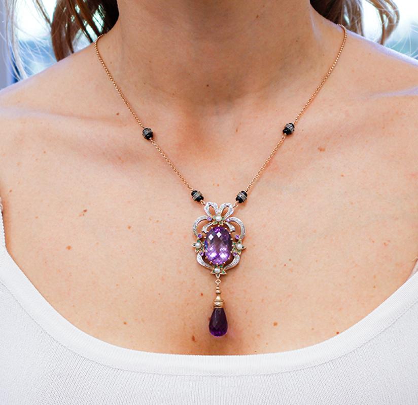 Women's Diamonds, Emeralds, Amethysts, Onyx, Pearls, 9Karat Rose Gold and Silver Necklace