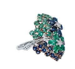 Diamonds, Emeralds, Blue Sapphires, 14 Karat White Gold Cocktail Ring