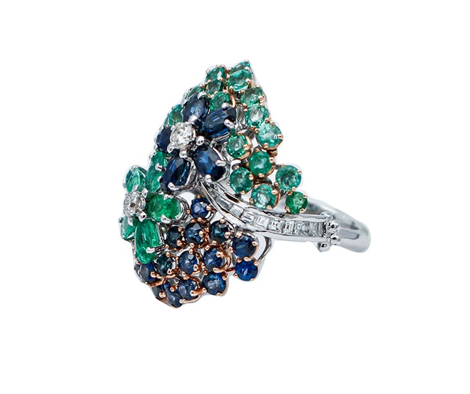 Retro Diamonds, Emeralds, Blue Sapphires, 14 Karat White Gold Cocktail Ring For Sale
