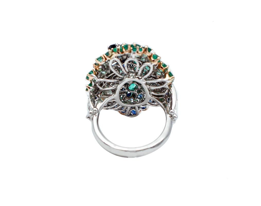 Mixed Cut Diamonds, Emeralds, Blue Sapphires, 14 Karat White Gold Cocktail Ring For Sale