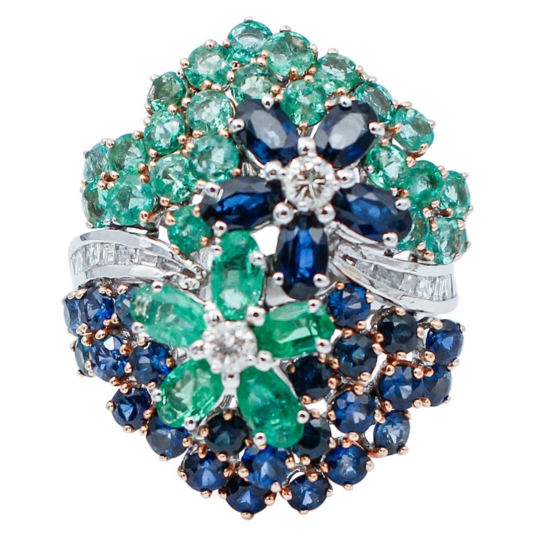 Diamonds, Emeralds, Blue Sapphires, 14 Karat White Gold Cocktail Ring