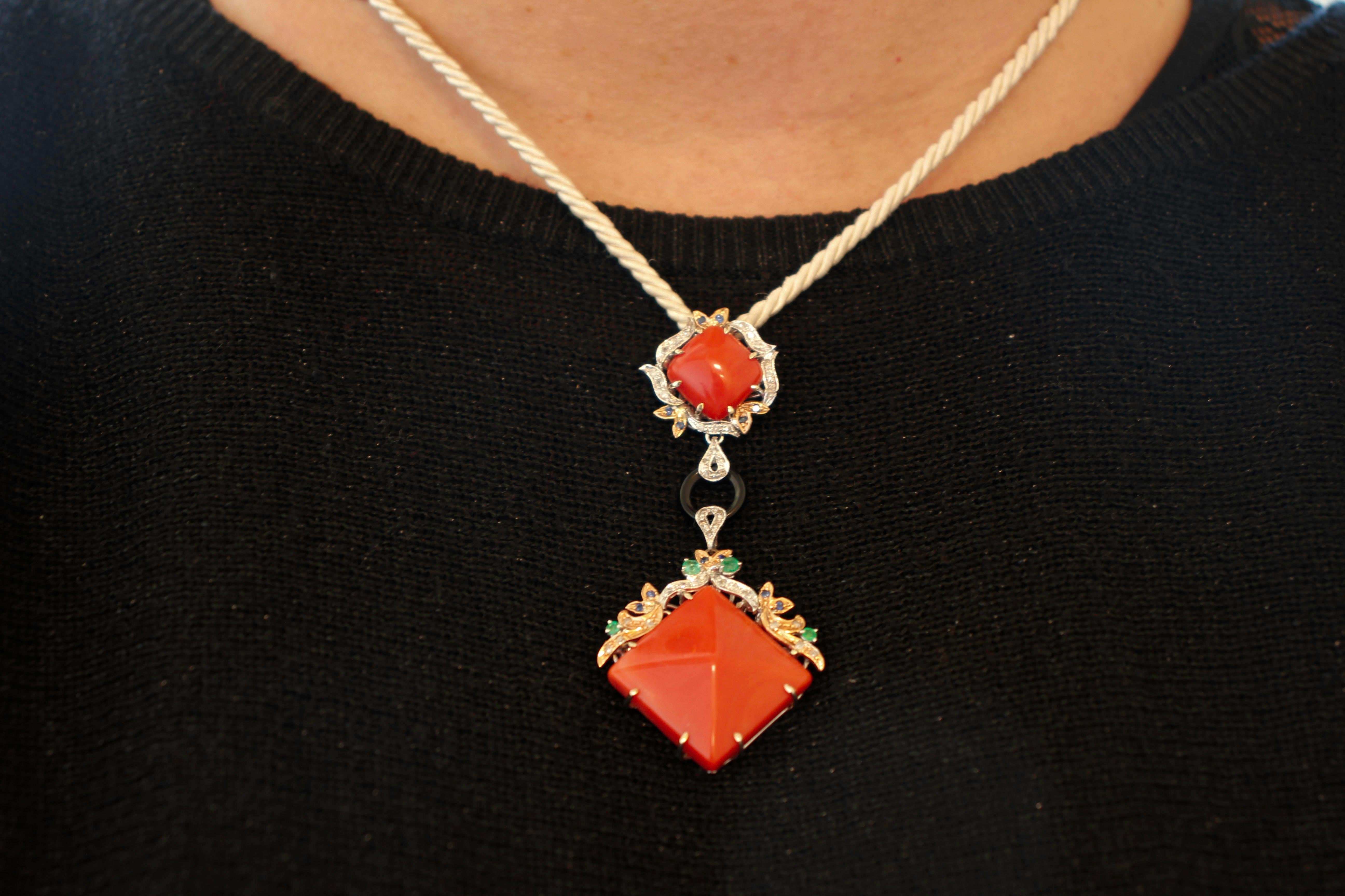 Women's Diamonds Emeralds, Blue Sapphires, Onyx, Coral, Rose/White Gold Pendant Necklace