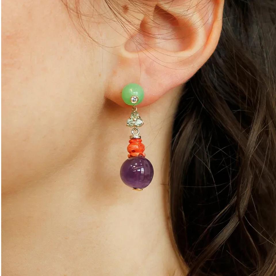 Diamonds, Emeralds, Green Agate, Coral, Amethyst, 14 Karat Gold Drop Earrings For Sale 1