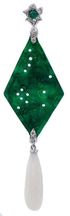 Diamonds, Emeralds, Green Agate, White Coral 18 Karat White Gold Dangle Earrings