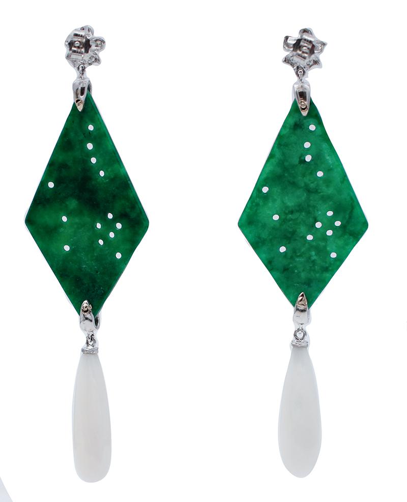 Retro Diamonds, Emeralds, Green Agate, White Coral 18 Karat White Gold Dangle Earrings For Sale