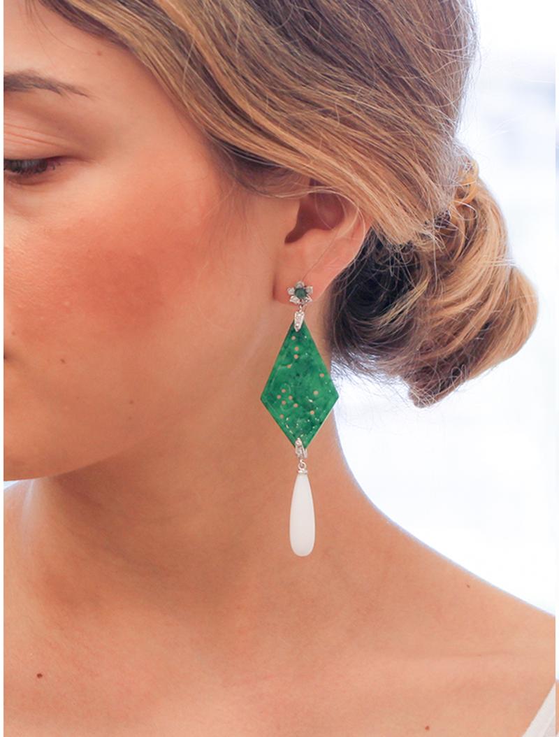 Women's Diamonds, Emeralds, Green Agate, White Coral 18 Karat White Gold Dangle Earrings For Sale