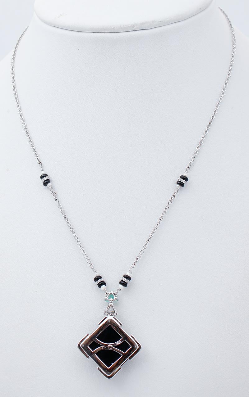Mixed Cut Diamonds, Emeralds, Onyx, Pearls, 14 Karat White Gold Necklace For Sale