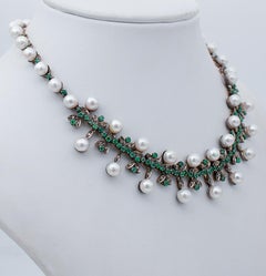 Diamonds, Emeralds, Pearls, 9 Karat Rose Gold and Silver Necklace