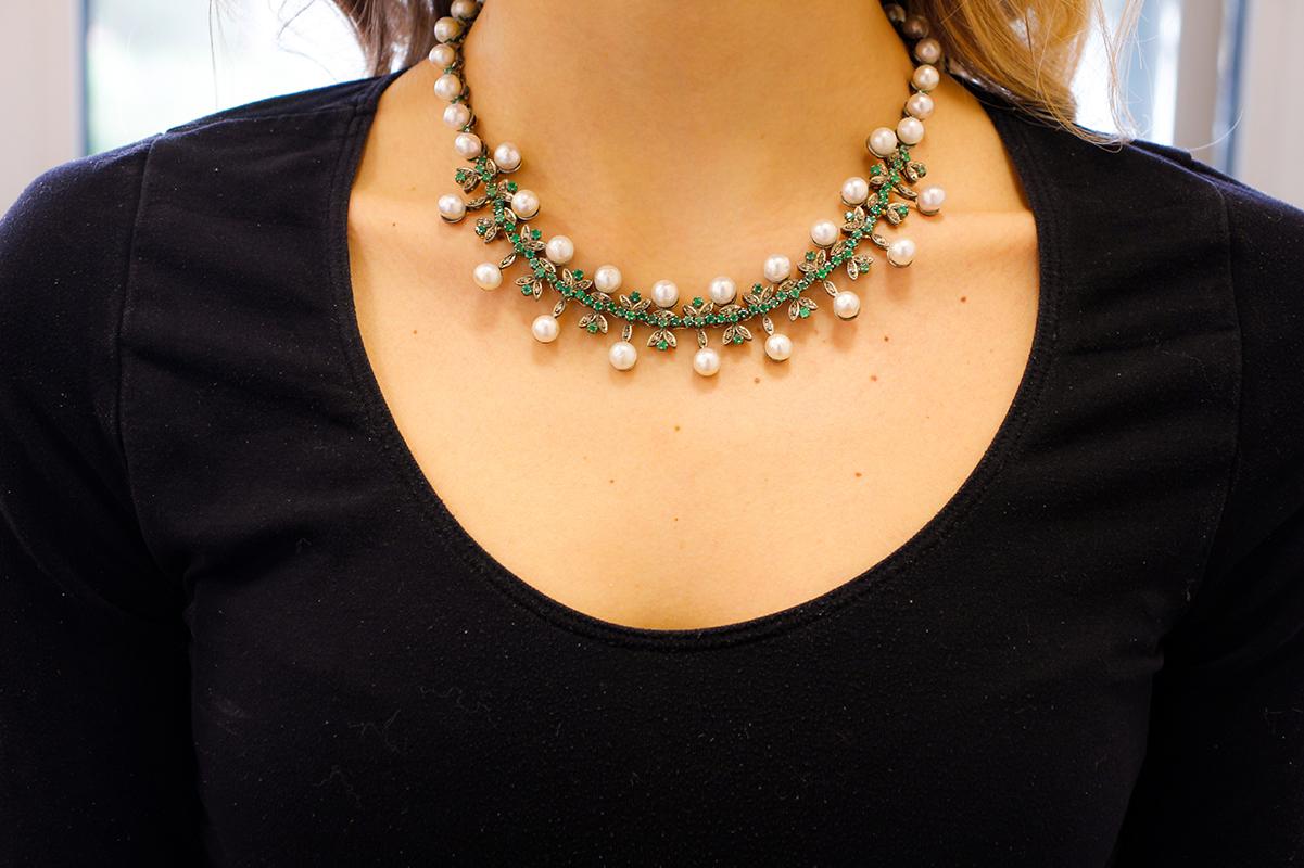 Mixed Cut Diamonds, Emeralds, Pearls, 9 Karat Rose Gold and Silver Necklace For Sale