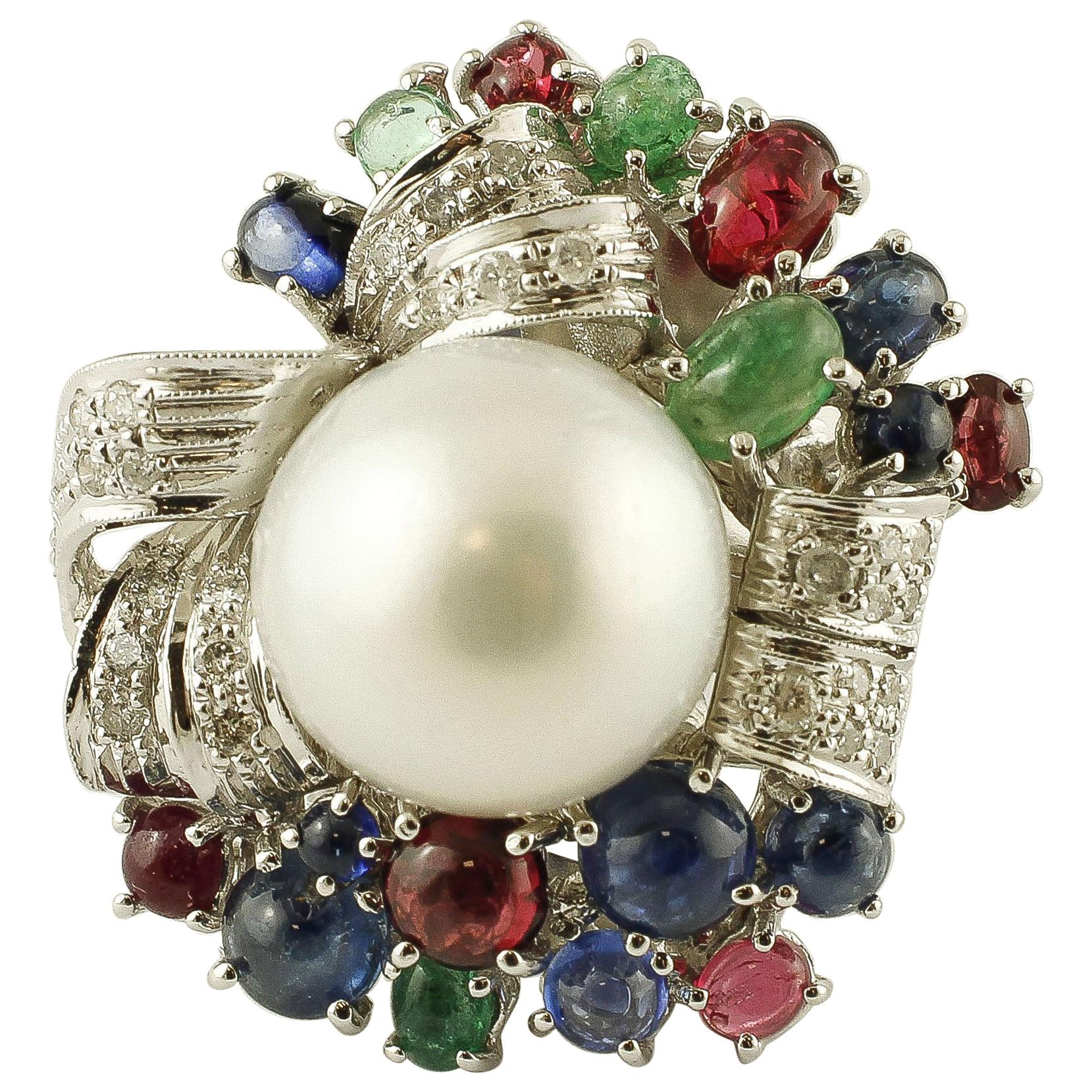 Diamonds, Emeralds, Rubies, Sapphires, South Sea Pearl, 14 Karat Gold Cocktail Ring