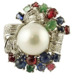 Diamonds, Emeralds, Rubies, Sapphires, South Sea Pearl, 14 Karat Gold Cocktail Ring Diamonds, Emeralds, Rubies, Sapphires, South Sea Pearl, 14 Karat Gold Cocktail Ring