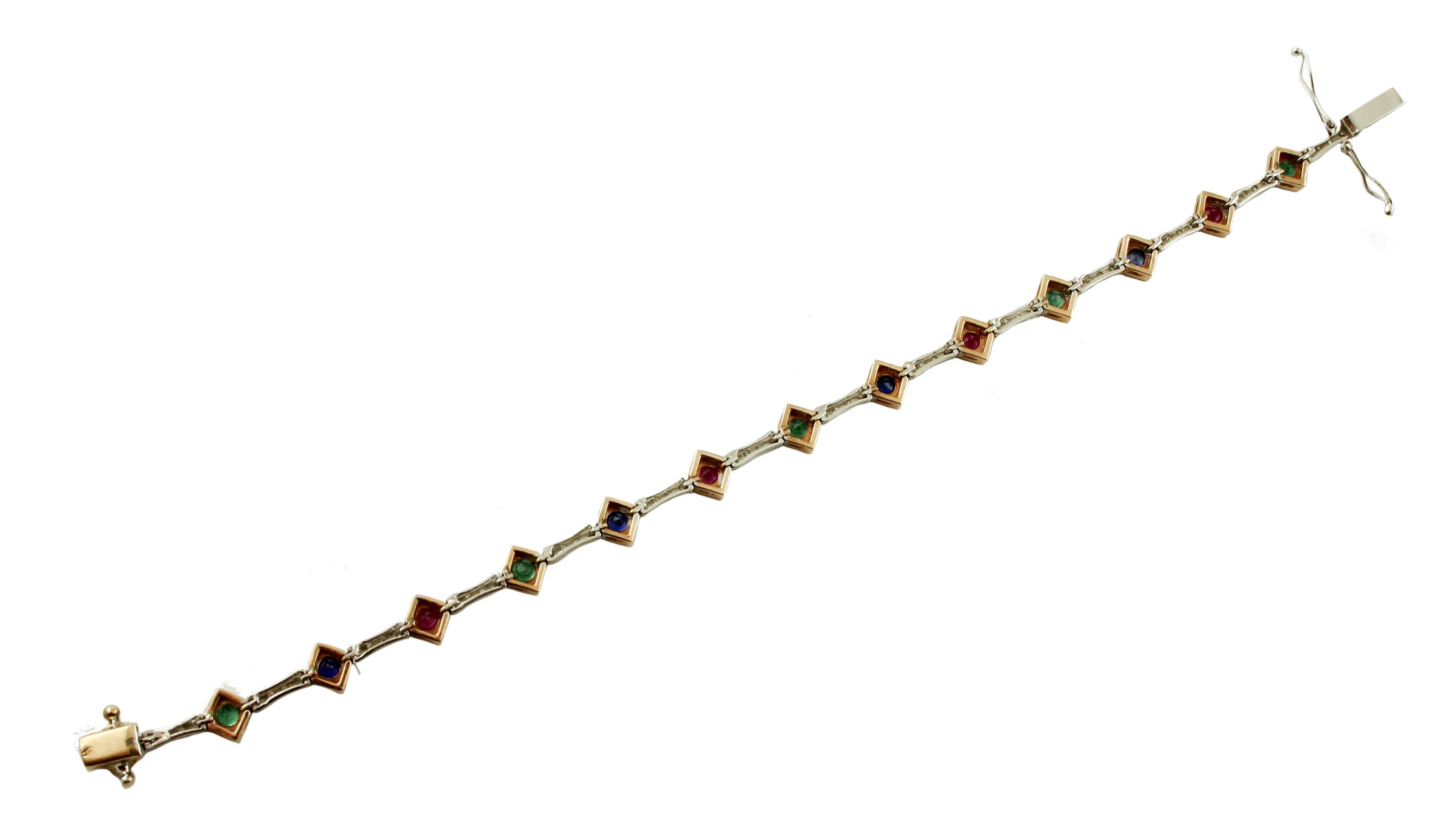 Diamonds, Emeralds, Rubies, Blue Sapphires, 14k White & Yellow Gold Retro Bracelet In Excellent Condition In Marcianise, Marcianise (CE)